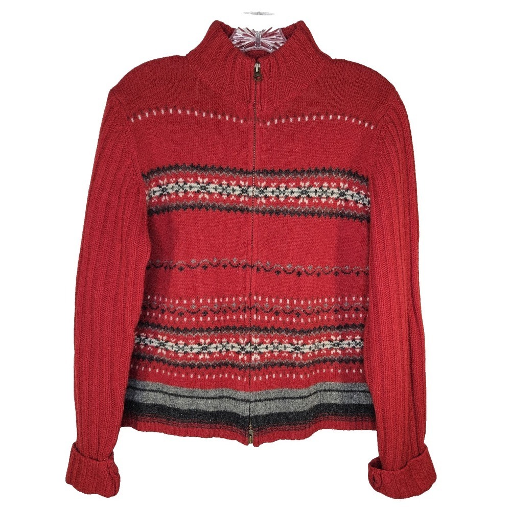 Eddie Bauer Red Willow Peak Lambswool Full Zip Sweater M Nordic Cabin Fair Isle